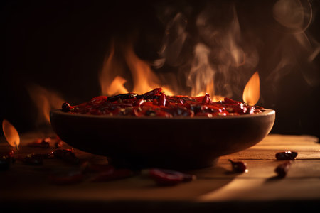 Burning hot chili pepper in a bowl on a wooden table.の素材