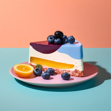 Piece of cheesecake with blueberries and orange on a pink plate on a blue backgroundの素材