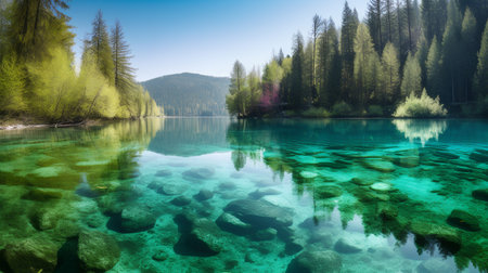 Beautiful mountain lake with turquoise water and green forest in the background. Picturesque summer landscape.の素材