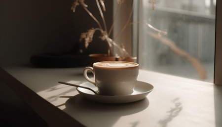 Cup of cappuccino on the windowsill, morning lightの素材