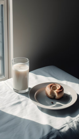 A glass of milk and a bun on a white plate on the windowsillの素材