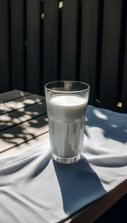 Glass of milk on a table in the sun. Selective focus.の素材