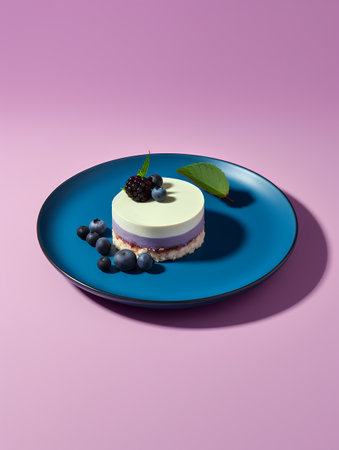 Blueberry cheesecake with fresh berries on blue plate. 3d illustrationの素材