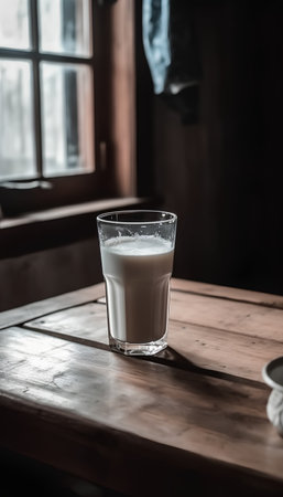 Glass of milk on wooden table in cafe, selective focus, vintage styleの素材