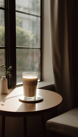 A cup of coffee on the table near the window in the morningの素材