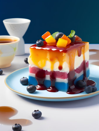 Colorful fruit cake on blue plate with cup of coffee on backgroundの素材