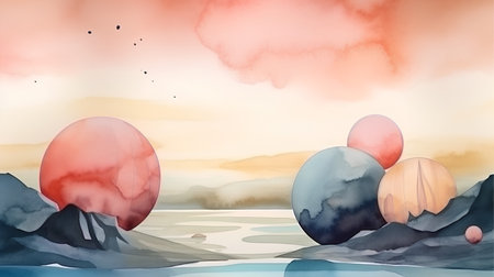 Illustration of a beautiful landscape with clouds and a red sun in the skyの素材