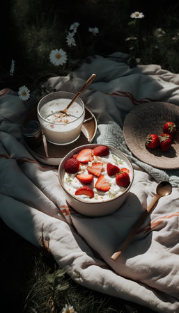 Yogurt with strawberries in a bowl on a picnic blanket.の素材
