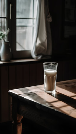 Glass of milk on a wooden table in a cafe. Selective focus.の素材