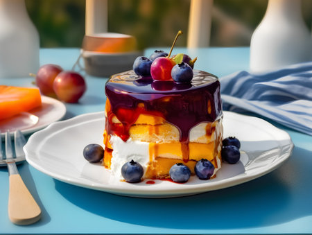 Cake with blueberries and apricot on a blue backgroundの素材
