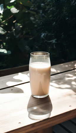 Milk in a glass on a wooden table in the garden.の素材