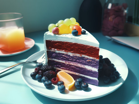 Fruit cake with blueberries, blackberries, grapes and orange juiceの素材