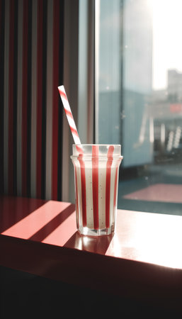 Milkshake in a glass with a straw on a window backgroundの素材