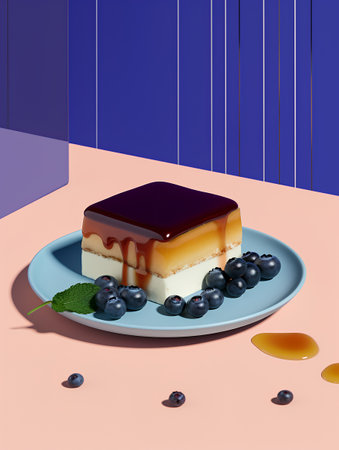 3d rendering of a cheesecake with blueberries on a blue plateの素材