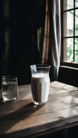 Milk in a glass on a wooden table with a window in the backgroundの素材