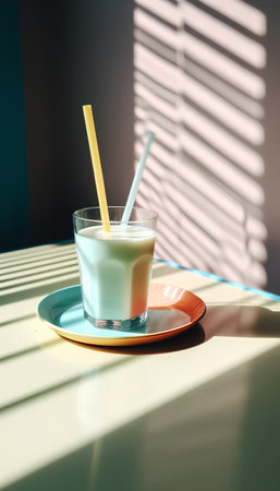 Milkshake in a glass with a straw on a light backgroundの素材