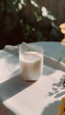 A glass of milk on a white tablecloth in the garden. Selective focus.の素材