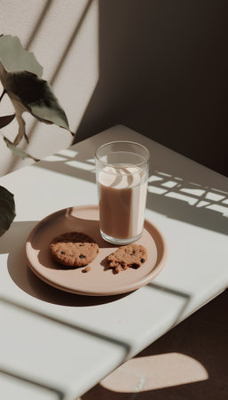 Glass of milk and cookies on a plate in sunlight. Minimal style.の素材