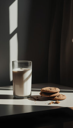 Glass of milk and cookies on the table in the morning light.の素材