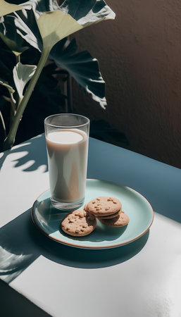 Glass of milk and cookies on a blue plate with green leaves.の素材