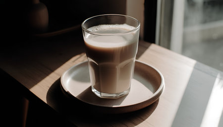coffee latte with milk in a glass on the table.の素材