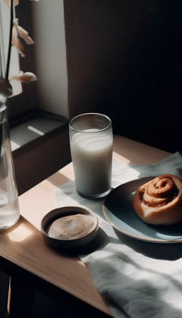 Cinnamon rolls and a glass of milk on the table in the morning sunlight.の素材