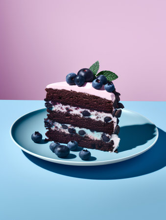 Piece of chocolate cake with blueberries on a blue plate on a pink background.の素材