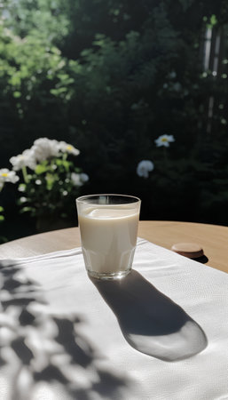 Glass of milk on a table in the garden. Sunlight.の素材