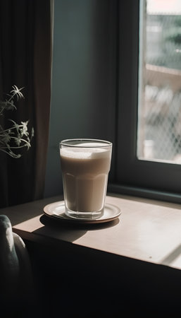 Coffee in a glass cup on a wooden table near the windowの素材
