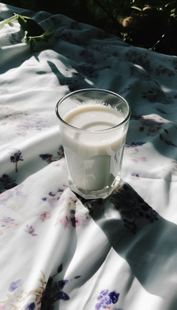 Milk in a glass on the table in the morning light.の素材