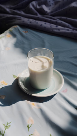 A glass of milk on a blue plate on a bed in the sunlightの素材