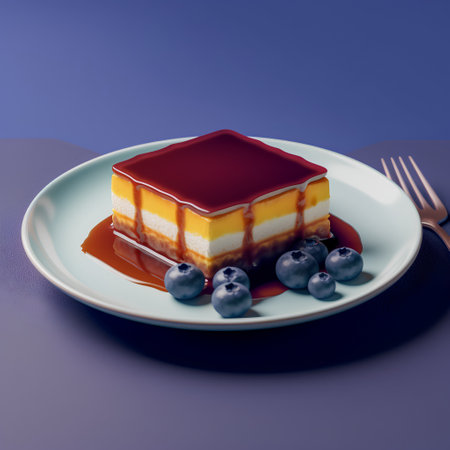 Piece of cheesecake on a plate with blueberries. 3d renderingの素材