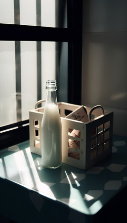 Glass bottle of milk and a basket on the table near the windowの素材