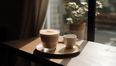 Cappuccino with milk in a glass on a wooden tableの素材