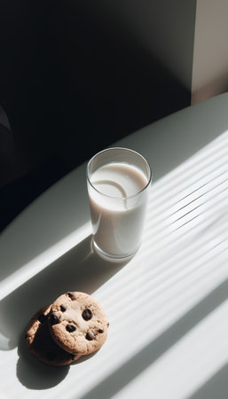 Glass of milk and chocolate chip cookies on a white table with sunlight.の素材