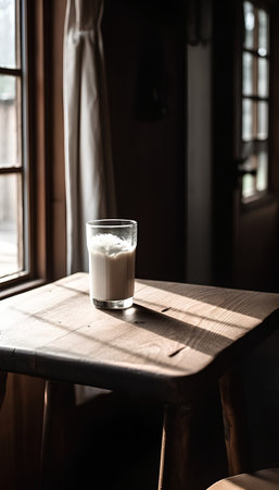 A glass of milk on a wooden table in a cafe. Selective focusの素材