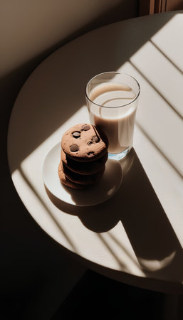 Glass of milk and chocolate chip cookies on a white table in sunlight.の素材