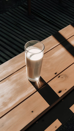 Glass of fresh milk on wooden table in outdoor cafe. Selective focus.の素材