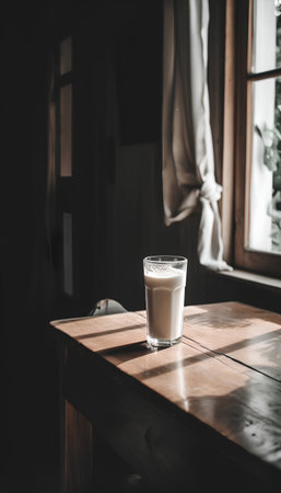 A glass of milk on a wooden table in a cafe. Selective focus.の素材