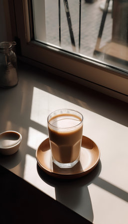 A glass of cappuccino on a saucer stands on a window sill.の素材