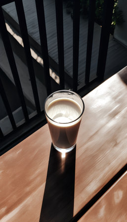 A glass of milk on a wooden table in the morning sunlight.の素材