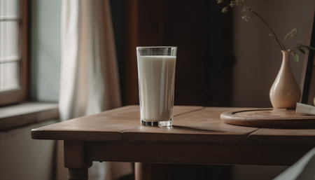 A glass of milk on a wooden table. Selective focus.の素材