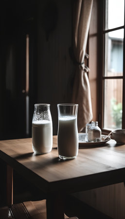 milk in glass on wooden table in cafe, vintage color toneの素材
