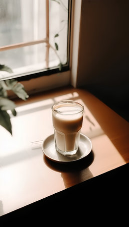 Coffee in a glass cup on the table near the windowの素材
