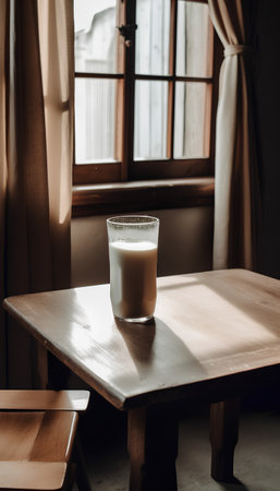 A glass of milk on a wooden table in a cafe. Toned.の素材