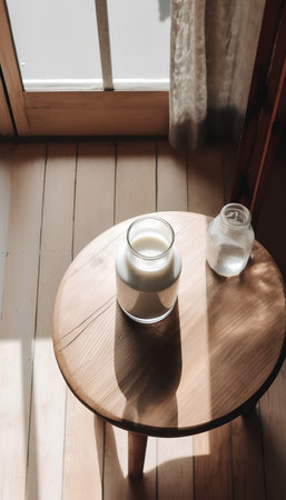 A glass of milk on a wooden table in the morning light.の素材