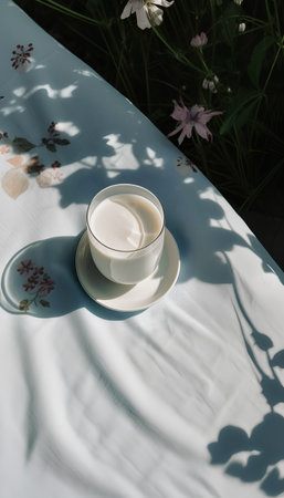 A cup of yogurt on a white tablecloth in the garden.の素材