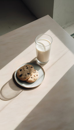 Glass of milk and cookies on a table in sunlight. Breakfast conceptの素材