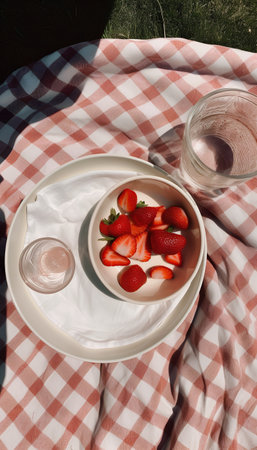 Strawberries and yogurt on a plate with a glass of waterの素材