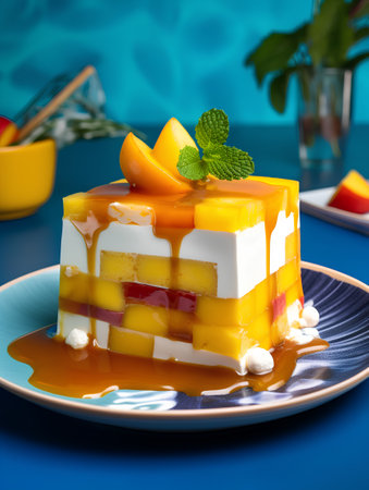 Piece of mango cake with whipped cream and caramel sauce on blue backgroundの素材